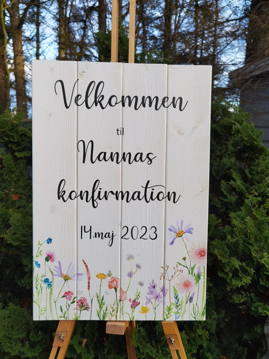 Velkomstskilte, træskilte, bryllup, fest, barnedåb, navngivning, Renata's wood work, Tidsplan. konfirmation