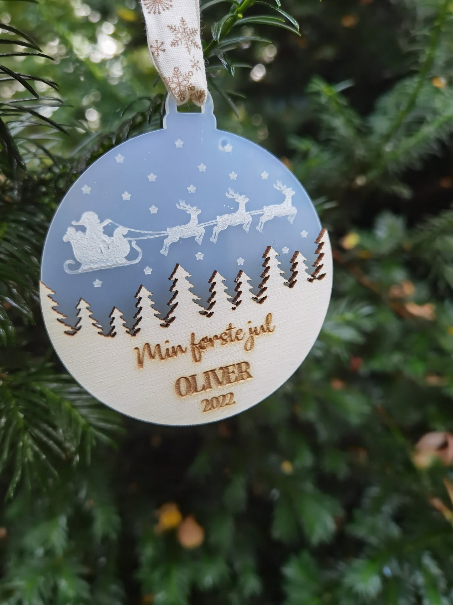 Julekugle, Juledekor,Julepynt, Børnene, barnedåb, navngivning, Renata's wood work, vores første jul