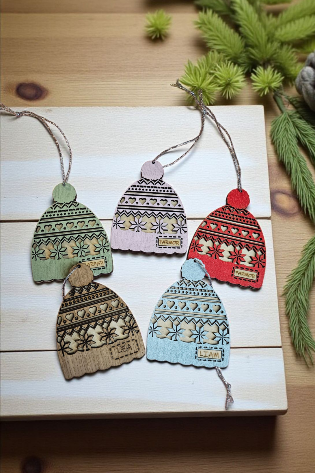 Hue-julepynt med navn